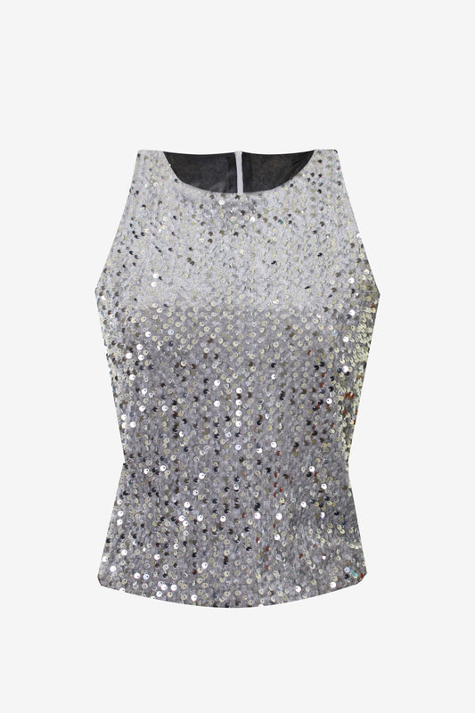 Sleeveless Round Neck Top In Gray Velvet And Silver Sequins | MARINELLA GALLONI